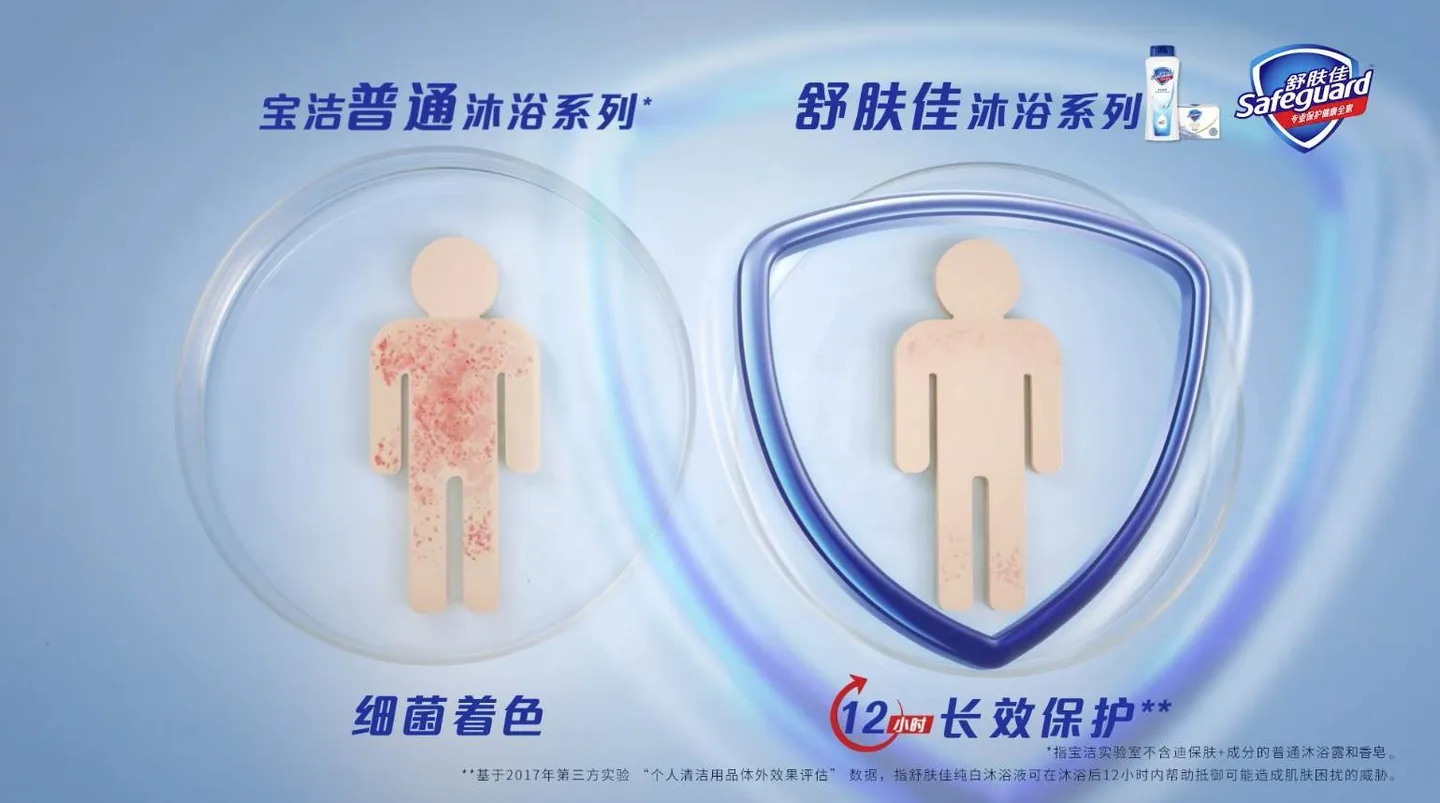 舒肤佳广告中以实体道具呈现的产品实验画面